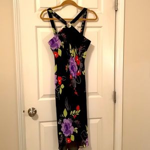 Black dress with floral print.